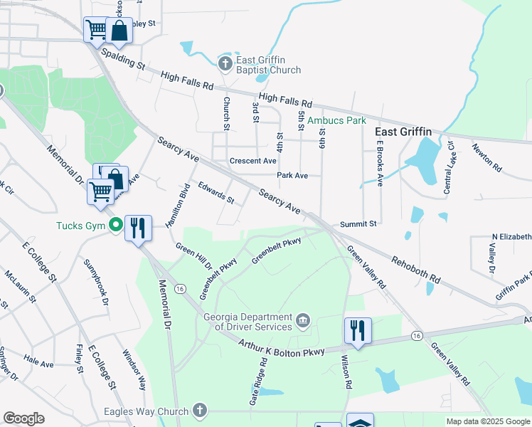 map of restaurants, bars, coffee shops, grocery stores, and more near 712 Searcy Avenue in Griffin