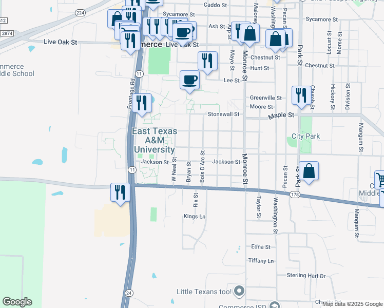 map of restaurants, bars, coffee shops, grocery stores, and more near 1805 Walnut Street in Commerce