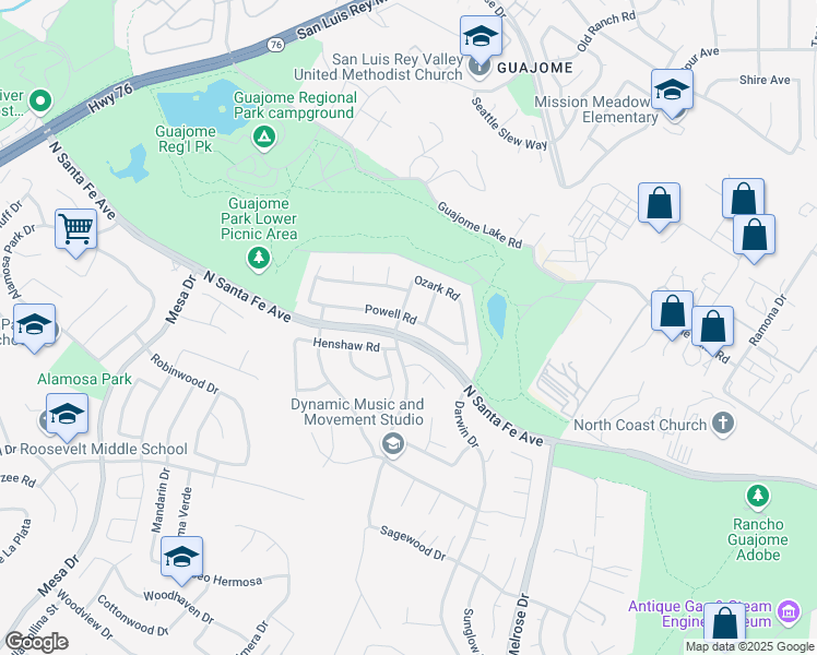 map of restaurants, bars, coffee shops, grocery stores, and more near 1513 Powell Road in Oceanside