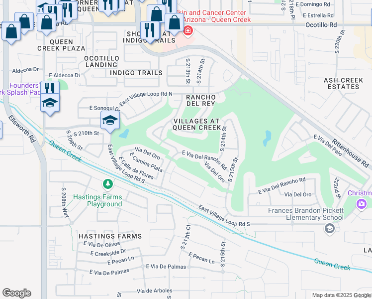 map of restaurants, bars, coffee shops, grocery stores, and more near 21316 East Via del Rancho in Queen Creek