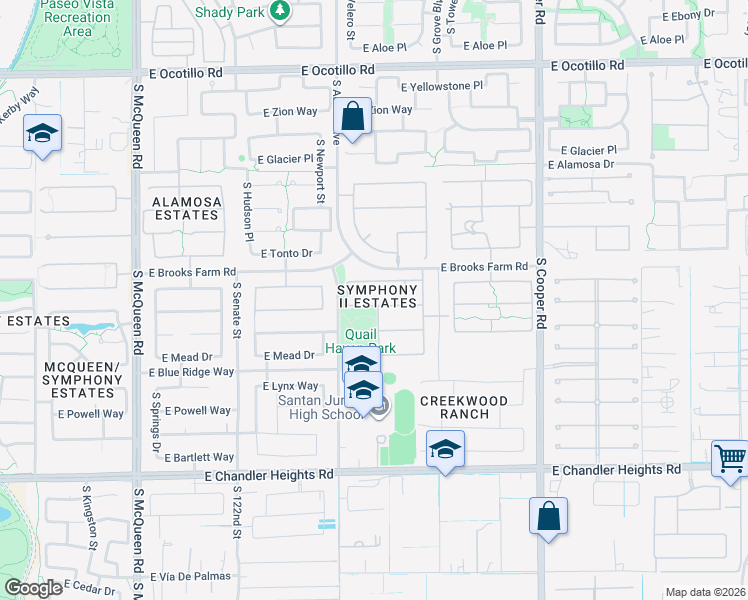 map of restaurants, bars, coffee shops, grocery stores, and more near 1588 East Canyon Way in Chandler