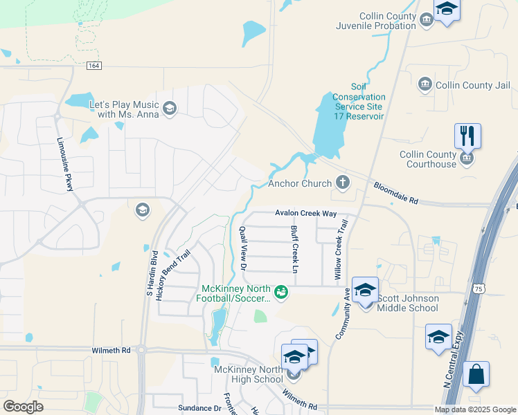 map of restaurants, bars, coffee shops, grocery stores, and more near 2612 Avalon Creek Way in McKinney