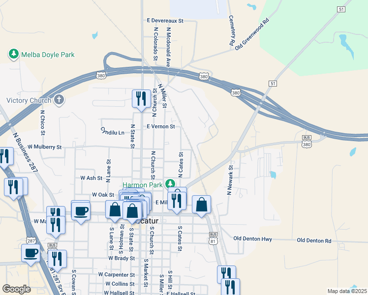 map of restaurants, bars, coffee shops, grocery stores, and more near 407 East Mulberry Street in Decatur
