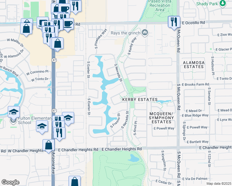 map of restaurants, bars, coffee shops, grocery stores, and more near 519 East Horseshoe Place in Chandler