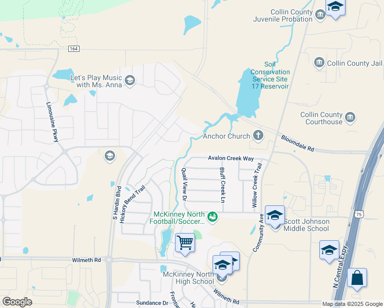 map of restaurants, bars, coffee shops, grocery stores, and more near 2612 Avalon Creek Way in McKinney