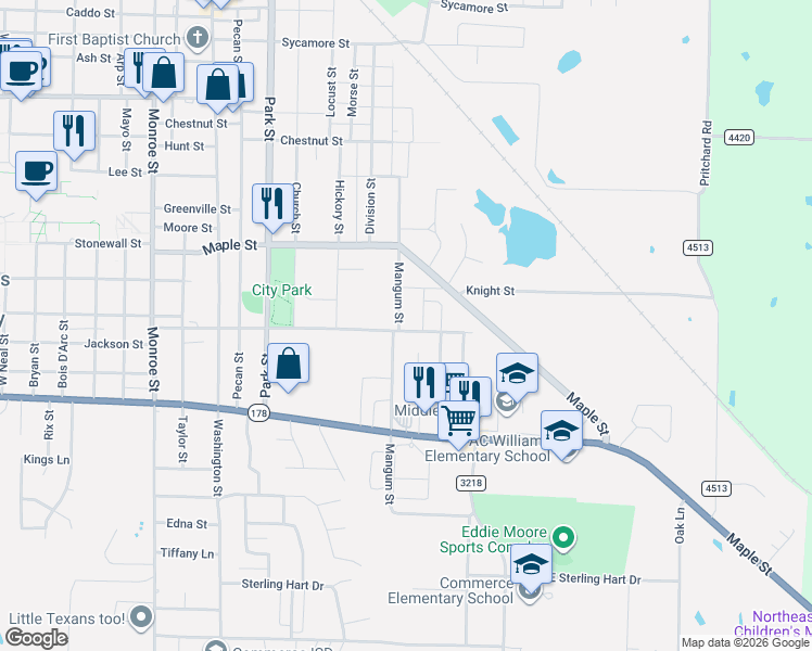 map of restaurants, bars, coffee shops, grocery stores, and more near 2203 Mangum Street in Commerce