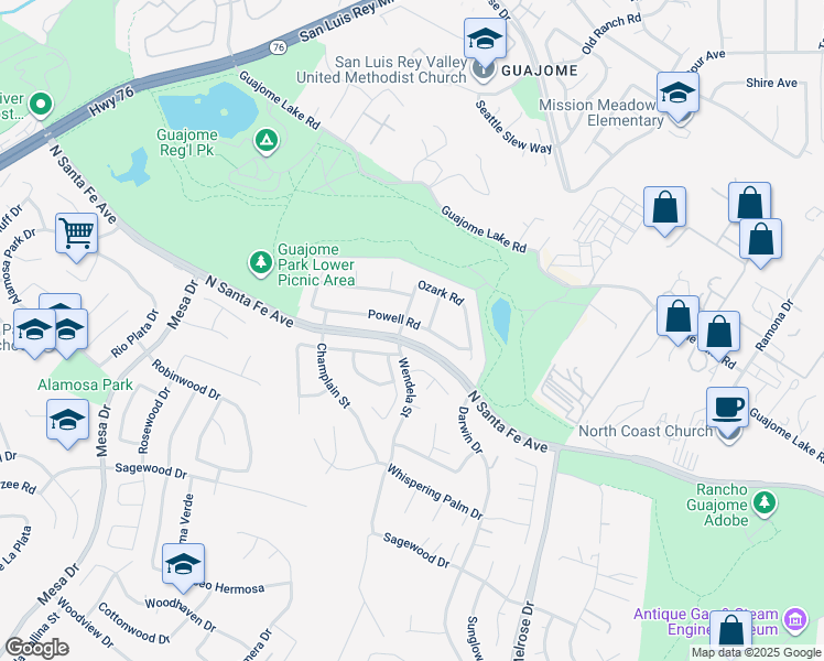 map of restaurants, bars, coffee shops, grocery stores, and more near 1513 Powell Road in Oceanside