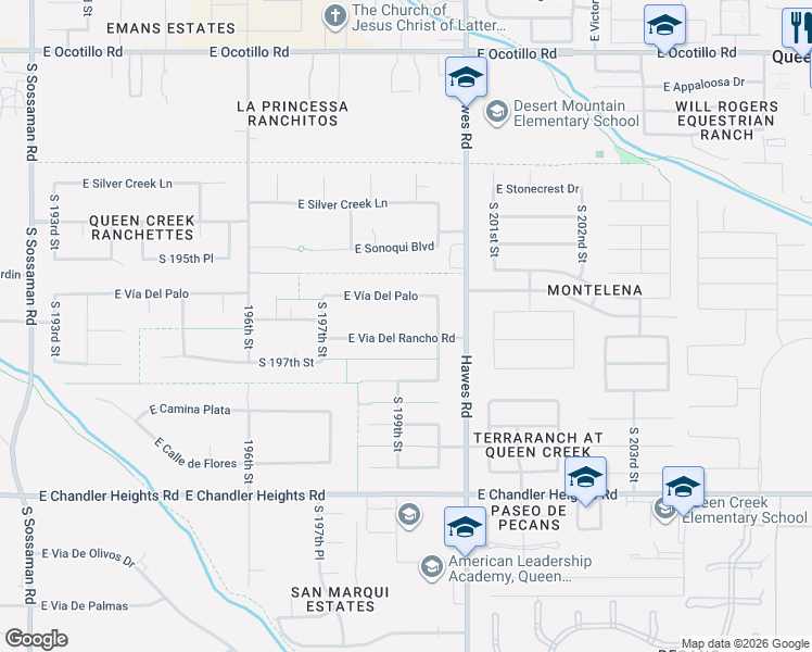 map of restaurants, bars, coffee shops, grocery stores, and more near 19905 East Vía Del Palo in Queen Creek