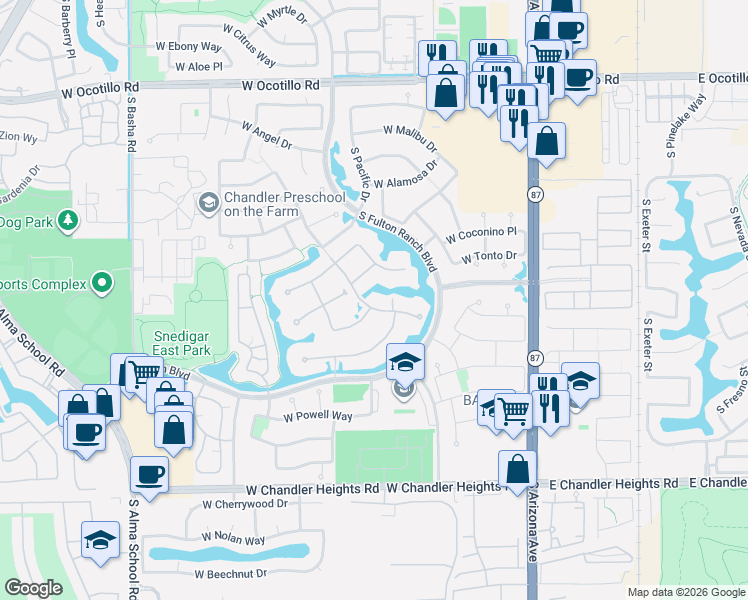 map of restaurants, bars, coffee shops, grocery stores, and more near 4440 South James Place in Chandler