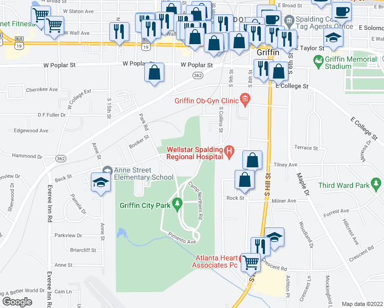 map of restaurants, bars, coffee shops, grocery stores, and more near 727 Beck Street in Griffin