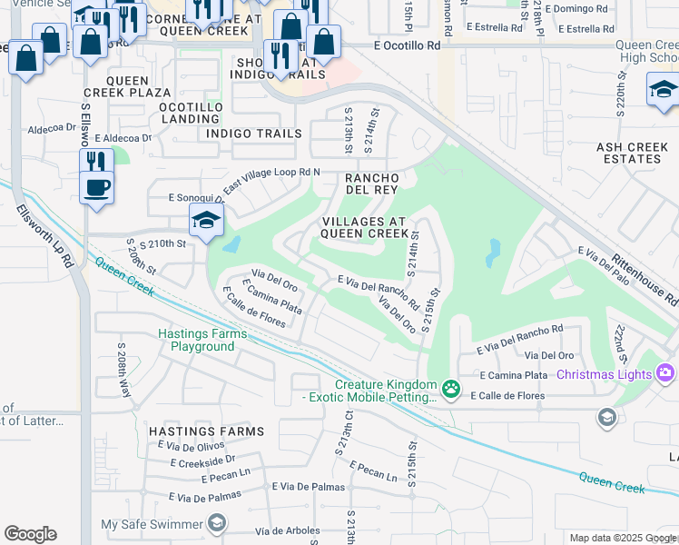 map of restaurants, bars, coffee shops, grocery stores, and more near 21310 East Via del Rancho in Queen Creek