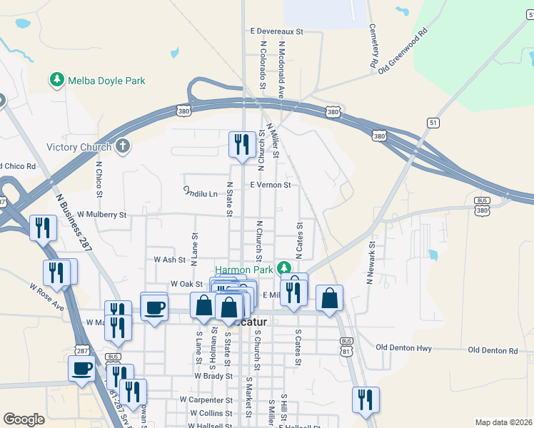map of restaurants, bars, coffee shops, grocery stores, and more near 803 North Church Street in Decatur