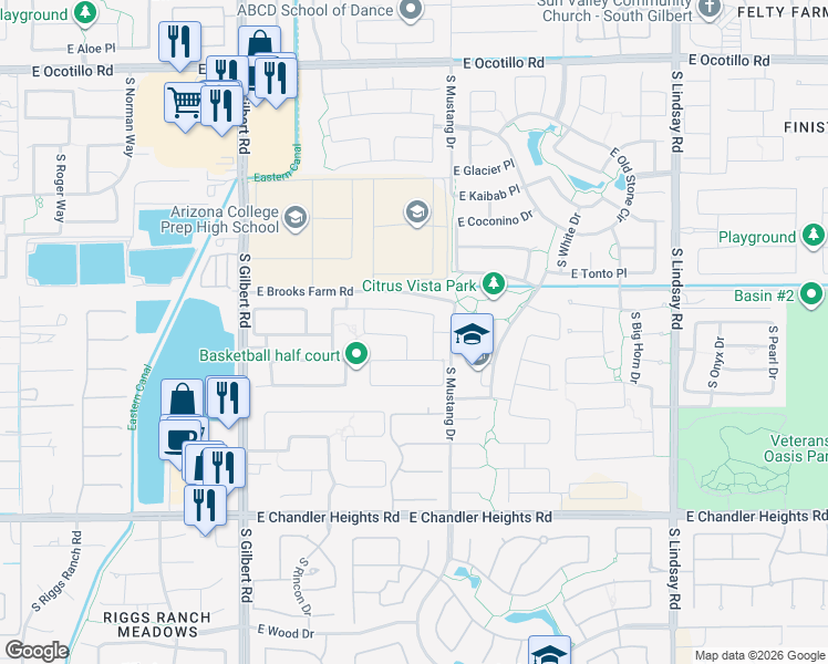 map of restaurants, bars, coffee shops, grocery stores, and more near 3411 East Horseshoe Drive in Chandler