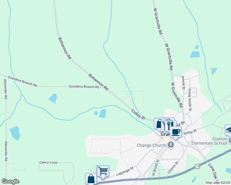 map of restaurants, bars, coffee shops, grocery stores, and more near 357 Colley Street in Grantville