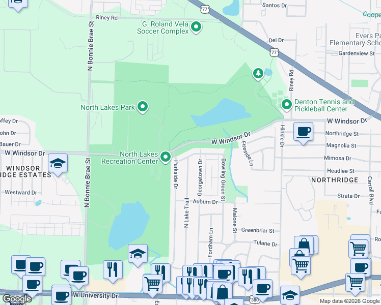 map of restaurants, bars, coffee shops, grocery stores, and more near 2504 Bowling Green Street in Denton