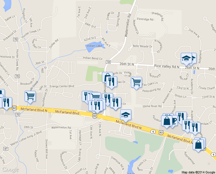 map of restaurants, bars, coffee shops, grocery stores, and more near 3798 Watermelon Road in Tuscaloosa