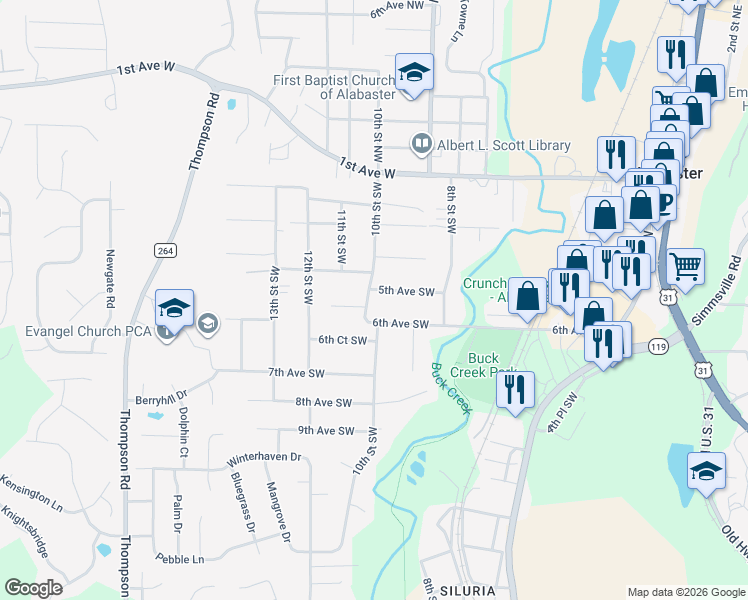 map of restaurants, bars, coffee shops, grocery stores, and more near 963 5th Avenue Southwest in Alabaster