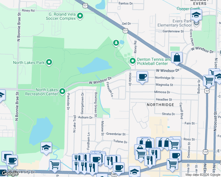 map of restaurants, bars, coffee shops, grocery stores, and more near 1121 Embers Lane in Denton