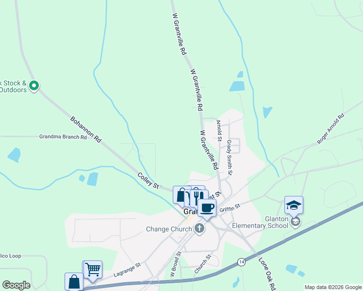 map of restaurants, bars, coffee shops, grocery stores, and more near 256 West Grantville Road in Grantville