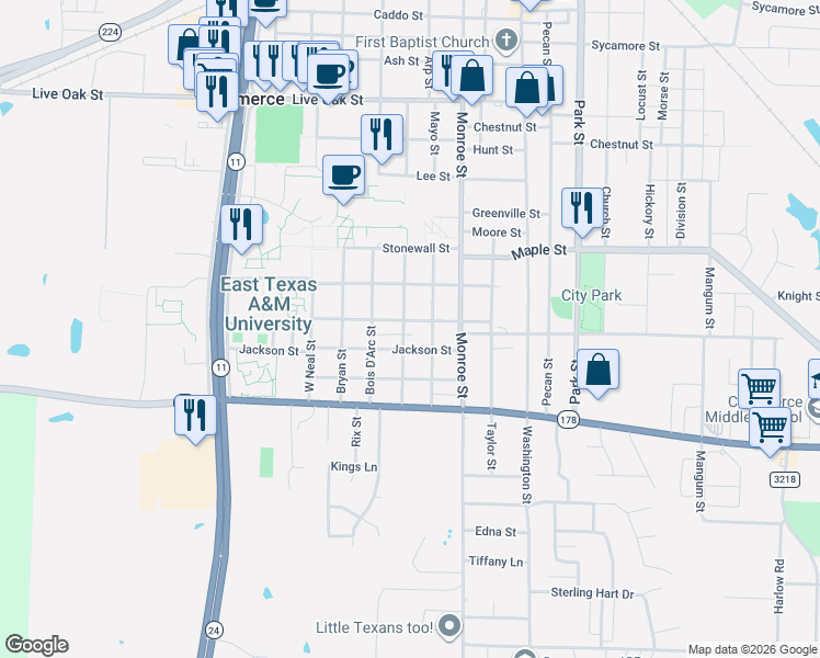 map of restaurants, bars, coffee shops, grocery stores, and more near 1609 Walnut Street in Commerce