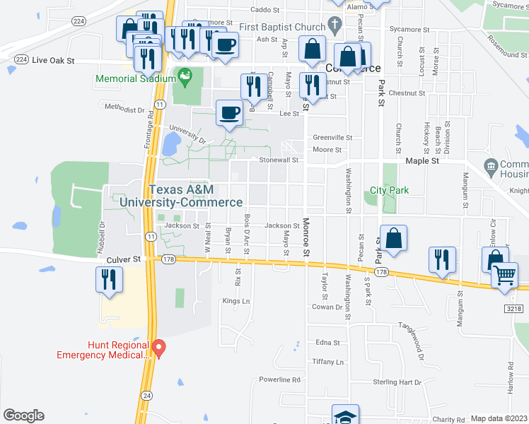map of restaurants, bars, coffee shops, grocery stores, and more near 1701 Walnut Street in Commerce