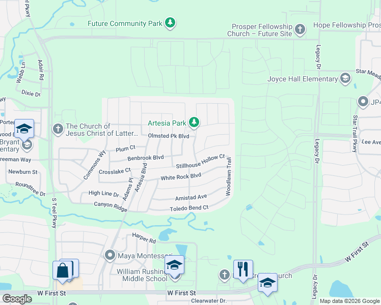 map of restaurants, bars, coffee shops, grocery stores, and more near 2113 Austin Lane in Prosper