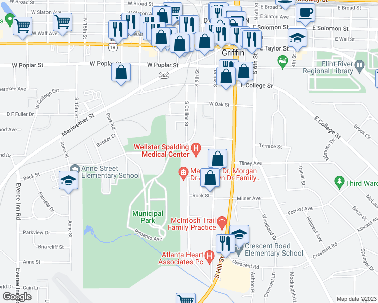 map of restaurants, bars, coffee shops, grocery stores, and more near 601 South 9th Street in Griffin