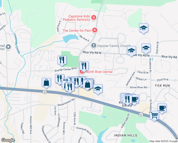 map of restaurants, bars, coffee shops, grocery stores, and more near 1079 Fairfax Drive in Tuscaloosa