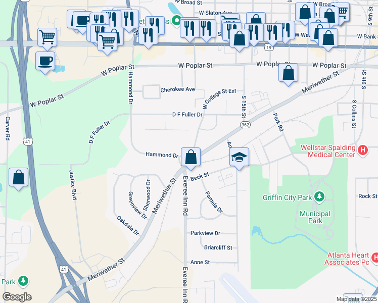 map of restaurants, bars, coffee shops, grocery stores, and more near 492 Hammond Drive in Griffin