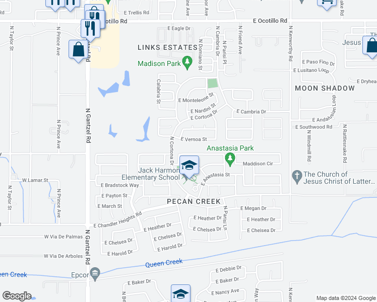 map of restaurants, bars, coffee shops, grocery stores, and more near 1026 East Christopher Street in San Tan Valley