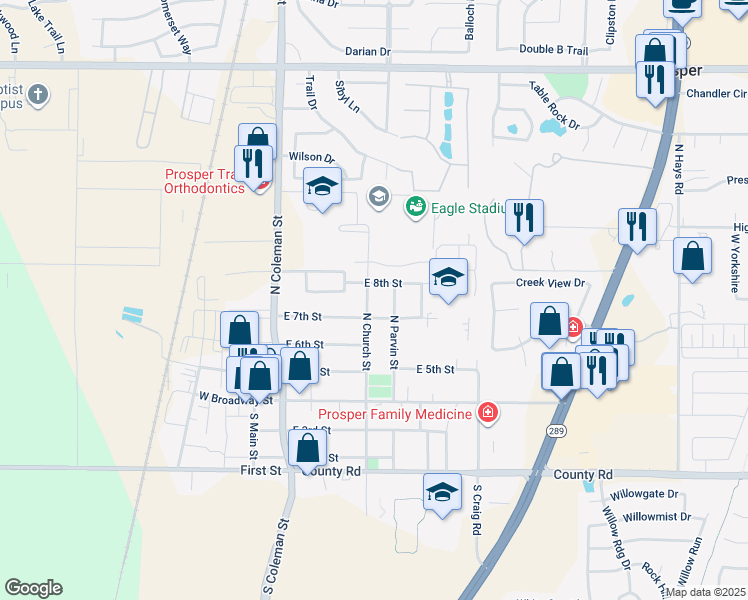 map of restaurants, bars, coffee shops, grocery stores, and more near 404 North Church Street in Prosper