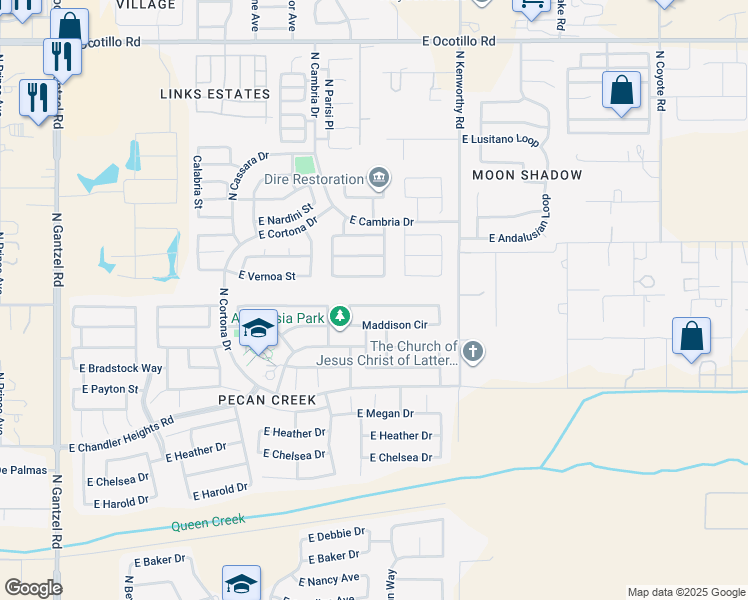 map of restaurants, bars, coffee shops, grocery stores, and more near 1490 East Christopher Street in San Tan Valley