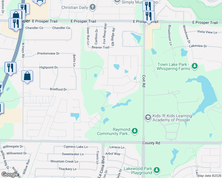 map of restaurants, bars, coffee shops, grocery stores, and more near 2100 Longmont Lane in Prosper