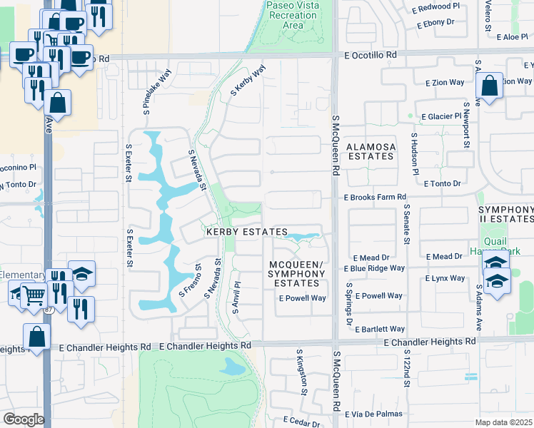map of restaurants, bars, coffee shops, grocery stores, and more near 813 East Horseshoe Place in Chandler