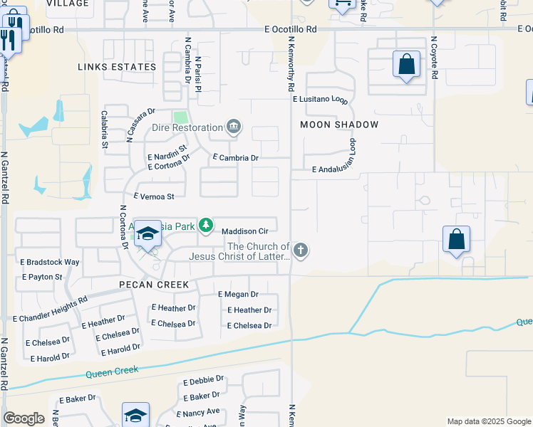 map of restaurants, bars, coffee shops, grocery stores, and more near 1694 East Christopher Street in San Tan Valley