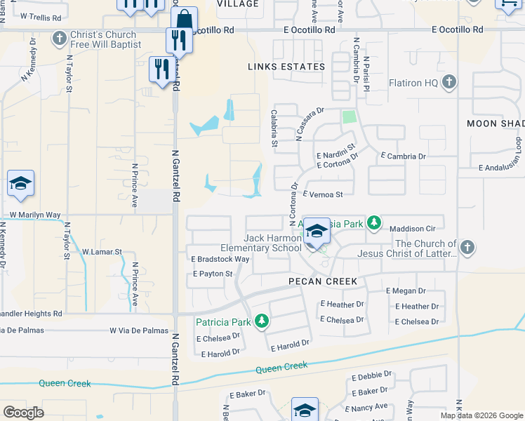 map of restaurants, bars, coffee shops, grocery stores, and more near 726 East Christopher Street in Queen Creek