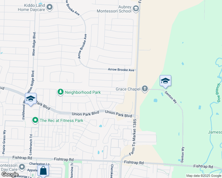 map of restaurants, bars, coffee shops, grocery stores, and more near 1736 Ridge Creek Lane in Aubrey