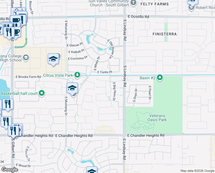 map of restaurants, bars, coffee shops, grocery stores, and more near 3832 East Canyon Place in Chandler