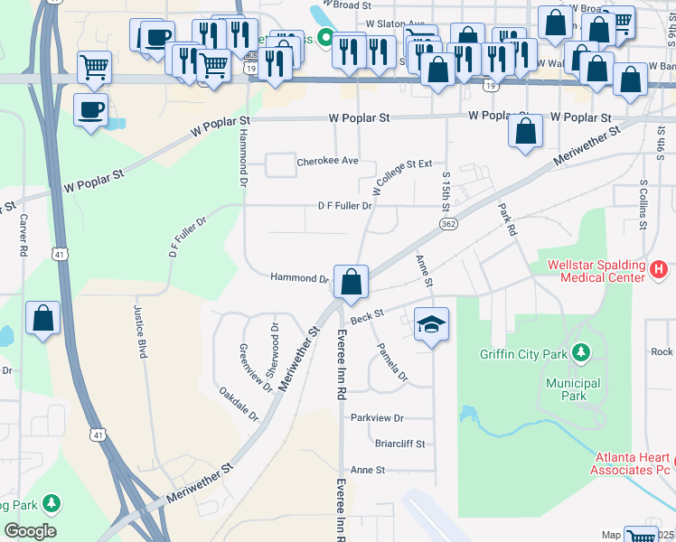 map of restaurants, bars, coffee shops, grocery stores, and more near 492 Hammond Drive in Griffin
