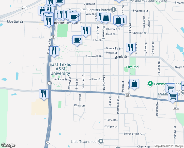 map of restaurants, bars, coffee shops, grocery stores, and more near 1707 Walnut Street in Commerce