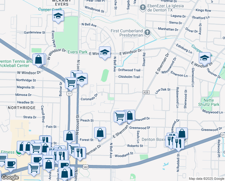 map of restaurants, bars, coffee shops, grocery stores, and more near 2708 North Bell Avenue in Denton