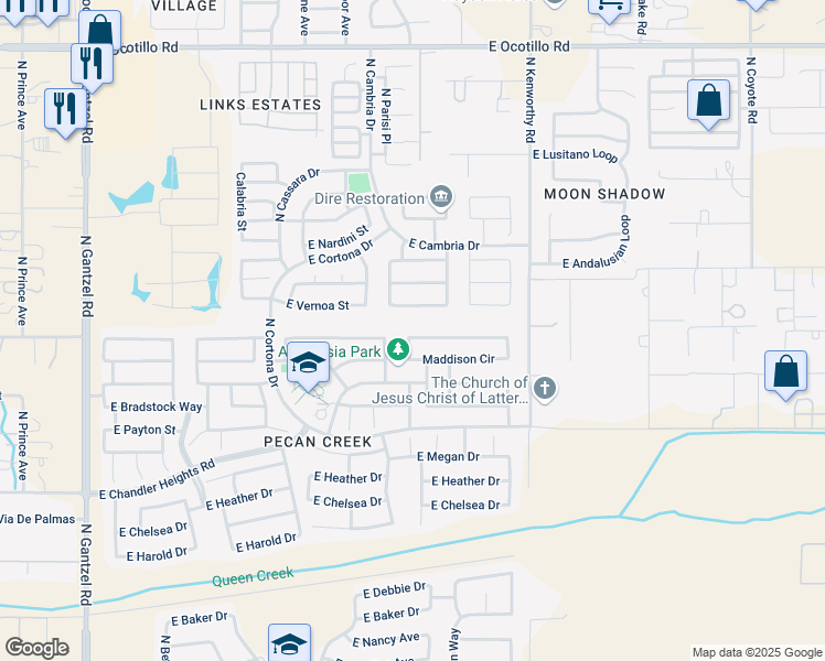 map of restaurants, bars, coffee shops, grocery stores, and more near 1408 East Christopher Street in San Tan Valley