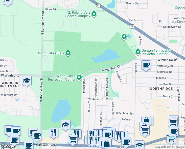 map of restaurants, bars, coffee shops, grocery stores, and more near 2504 Bowling Green Street in Denton