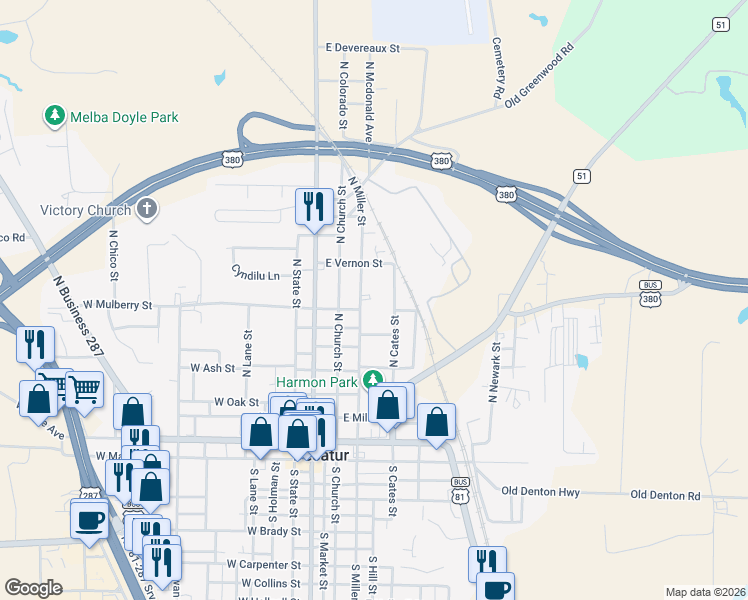 map of restaurants, bars, coffee shops, grocery stores, and more near 802 N Miller St in Decatur