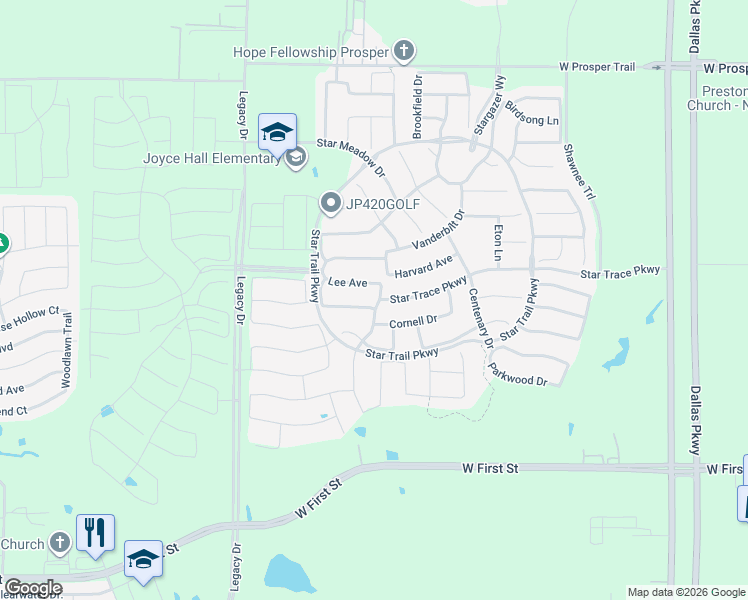 map of restaurants, bars, coffee shops, grocery stores, and more near 2090 Windomere Drive in Prosper