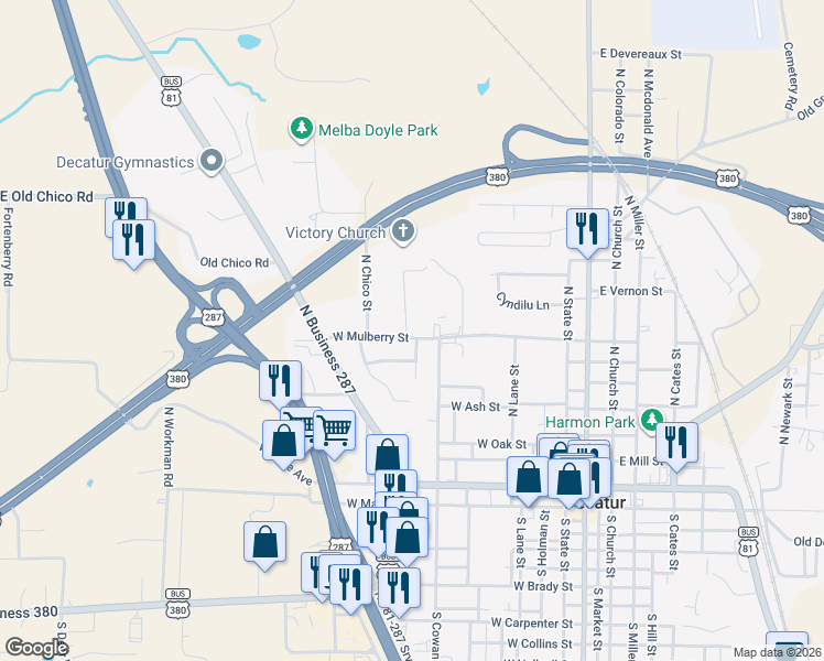 map of restaurants, bars, coffee shops, grocery stores, and more near 804 North Washburn Street in Decatur