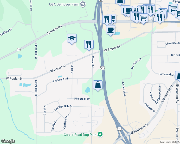 map of restaurants, bars, coffee shops, grocery stores, and more near 343 Carver Road in Griffin