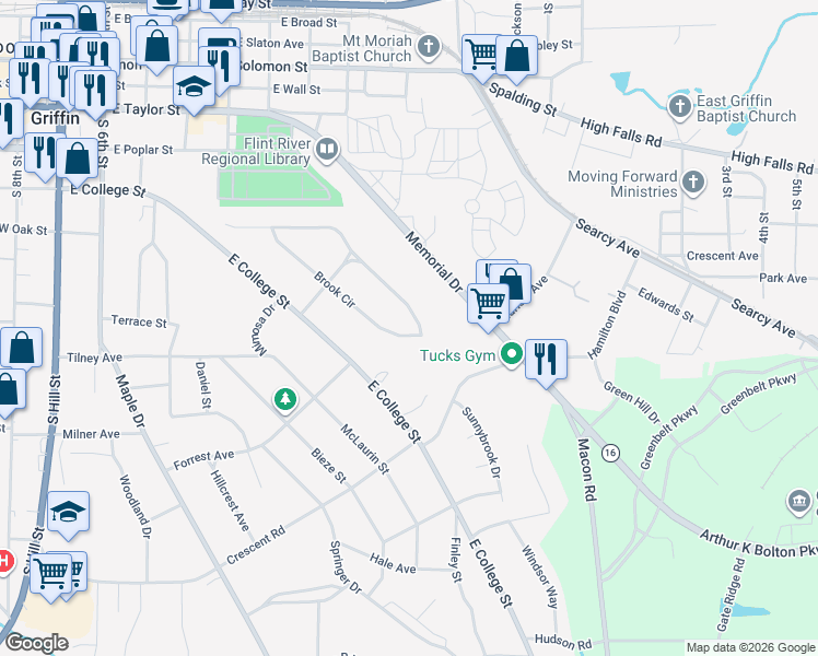 map of restaurants, bars, coffee shops, grocery stores, and more near 661 Brook Circle in Griffin