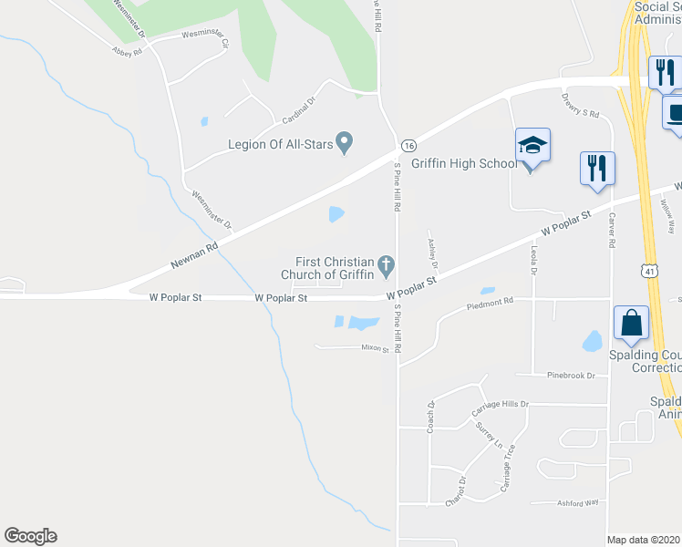 map of restaurants, bars, coffee shops, grocery stores, and more near 137 Poplar Pointe Terrace in Griffin