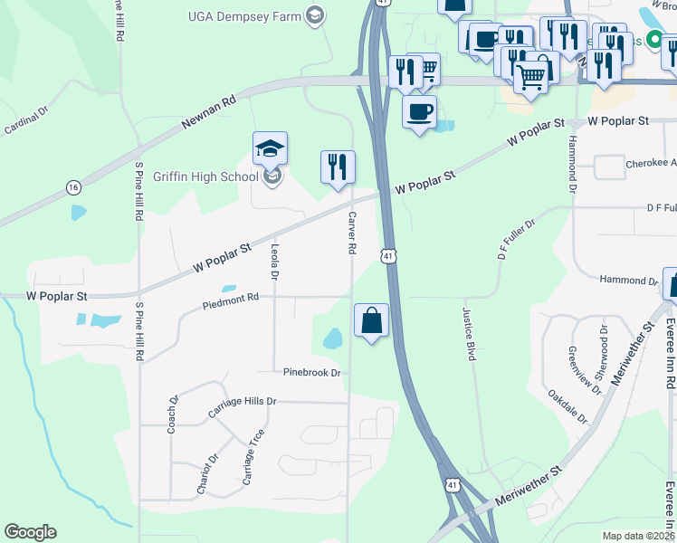 map of restaurants, bars, coffee shops, grocery stores, and more near 343 Carver Road in Griffin